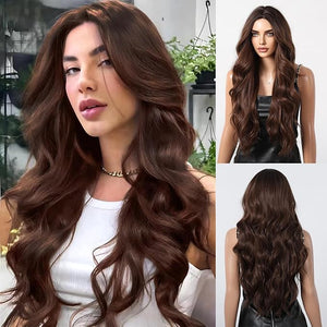 Haoland HAIR Brown Wigs for Women Natural Long Wavy Chestnut Brown 28 Inch Middle Part Synthetic Heat Resistant Wig for Daily Party Date