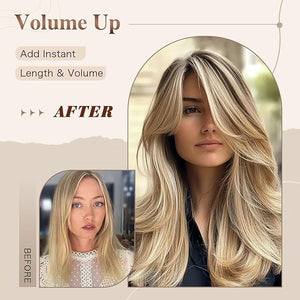 Platinum Blonde Highlight Layered Wigs with Bangs Long Golden Blonde Layered Wig with Curtain Bang for Black White Women Long Ombre Ash Brown Highlight Wavy Synthetic Light Brown Hair 24Inch