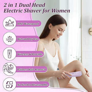 VINGVO Electric Body Hair Trimmer for Women, Dual Head Lady Shaver Groomer, Waterproof? Body Hair Shaver, Rechargeable Facial Hair Removal with Cleaning? Brush (Purple)