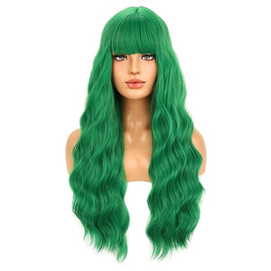 BERON Green Wigs Curly Wavy Women Wigs with Bangs Dark Green Color Heat Resistant Synthetic Wig for Costume Cosplay or Daily Wigs Wig Cap Included