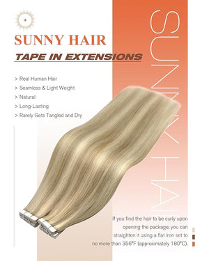 Sunny Hair Tape in Hair Extensions Real Human Hair Invisible Remy Hair Extensions Tape ins for Women Golden Blonde Highlight Medium Blonde 18 inch 20Pcs 50G
