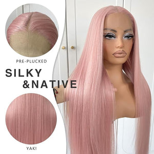 Synthetic Lace Front Wigs 13x4 Pink Long Straight Hair Wig for Women Half Hand Tied Natural Hair Line Heat Resistant Fiber Hair Daily Wear 24 inches
