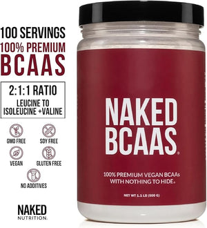 NAKED BCAAs Amino Acids Powder Only 1 Ingredient Pure 2:1:1 Formula Vegan Unflavored Branched Chain Amino Acids Instantized All Natural BCAA Supplement - 500 Grams 100 Servings