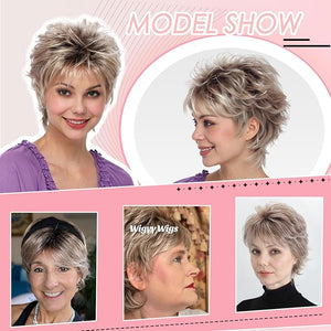WIGYY Short Pixie Wig for White Women ? Curly Deep Brown Melt Blonde Synthetic Wig with Bangs, Glueless Lightweight Wig, Heat?Resistant Hair for Older Women Daily Wear