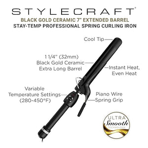 StyleCraft Stay-Temp Black Gold Professional Curling Iron with Extra-Long Thumb Grip Extended Barrel Marcel