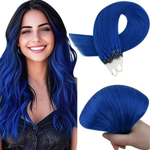 RUNATURE Micro Beads Hair Extensions Real Human Hair 22 Inch Blue Human Hair Extensions with Micro Links Cold Fusion Remy Natural Hair Tangle-free Straight Hair for Highlight Party 25g 25s