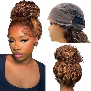 Hidden Strap 360 Lace Frontal Human Hair Wigs P4/27 Deep Wave Ombre Highlight HD Transparnet 360 Full Lace Frontal Wig Deep Curly Pre Plucked with Baby Hair Bleached Konts 180% Density 22 Inch