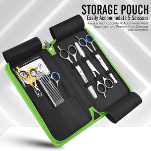 Leather 5 Scissor &amp Shear Storage Case for Hairstylist - Hairdresser -Scissor Holder Perfect for home-saloon use (Green)
