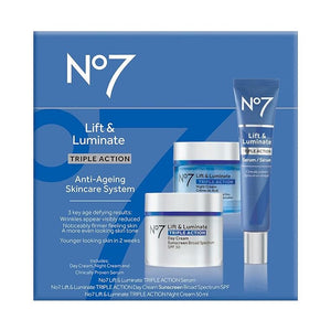 No7 Lift &amp; Luminate Triple Action Skincare Set - Broad Spectrum Anti Aging Day Cream SPF 30 + Vitamin C Wrinkle Serum + Collagen Peptide Brightening Night Cream (3 Piece Kit)