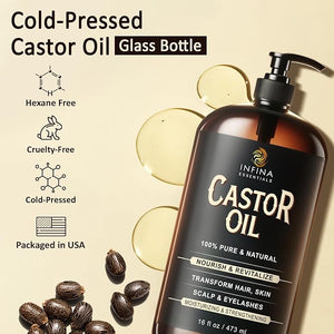 Pure Cold Pressed Castor Oil - Hexane Free Glass Bottle for Hair Growth Face Scalp Skin &amp Eyelashes - Nourishing and Moisturizing - 16 fl oz