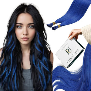 RUNATURE I Tip Hair Extensions Human Hair Blue Hair Extensions for Party 20 Inch Real Hair Itip Human Hair Extensions Long Remy Cold Fusion Hair No Shedding 25g 25s