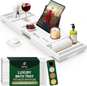 ROYAL CRAFT WOOD Premium Foldable Bathtub Tray - Wood Bath Tray for Tub, Bamboo Shelf, Expandable Bath Table Trays, Bathtub &amp; Bathroom Accessories for New Home &amp; Mothers Day &amp; Birthday Gif