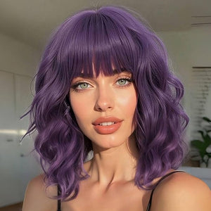 AISI HAIR Purple Synthetic Wavy Curly Bob Wig with Bangs Short Wavy Hair for Women Synthetic Heat Resistant Bob Wigs