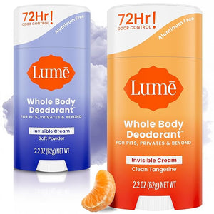 Lume Whole Body Deodorant - Invisible Cream Stick - 72 Hour Odor Control - Doctor Developed - Aluminum Free Baking Soda Free and Skin Loving - 2.2 Ounce (2 pack) (Soft Powder &amp Clean Tangerine)