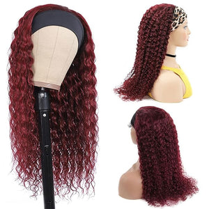 Headband Wig Human Hair Deep Wave 99J Human Hair Headband wigs for women Glueless None Lace Front Wig Machine Made 150% Density headband wig human hair with Headbands (16Inch)