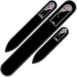 Mont Bleu Set of 3 Glass Nail Files Hand Decorated with Crystals - in Black Velvet Sleeve - Genuine Czech Tempered Glass - Handmade Crystal Nail Files