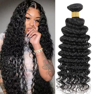 Human Hair Bundles Brazilian Deep Wave One Bundle 24inch 100% Unprocessed Virgin Human Hair Deep Wave Curly Water Wave Wet and Wavy Weave Raw Bundles Deals Extensions Natural Black
