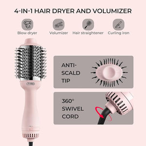TYMO Pink Volumizer Hair Dryer Brush with Titanium Barrel 1200W 3 Speeds Nylon Bristles Ionic Technology Salon Long-lasting Hairstyles Hot Air Brush for Women Designed for 120V USA Outlets