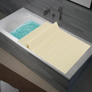 Foldable Bathtub Cover Tray, Dual Use Heat Retaining and Storage Shelf, Dust Proof Pet Safe Design, Eco-Friendly PVC with 11lb Capacity for Standard Tubs (White/Yellow) (Yellow, 150 * 70 * 0.65cm)
