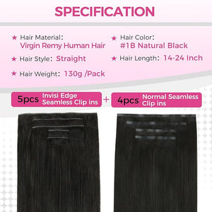 Lashey Invisi Edge &amp Seamless Clip in Hair Extensions Human Hair 18 Inch 130g 9pcs(5pcs Invisi Edge&amp 4pcs Seamless) Real Virgin Human Hair Extensions Natural Black Straight Hair