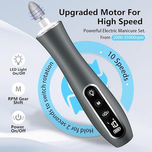 Electric Nail File Drill Cordless 2000 mAh Rechargeable Nail Filer Electric Portable Nail Dril 10 Speeds Professional Machine Drill for Nails Acrylic Manicure and Thick Toenails Grinder