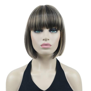 Lydell 8 Straight Short Bob Wigs Heat Resistant Synthetic Hair Flat Bangs Cute Central Dot Skin (L8-124)