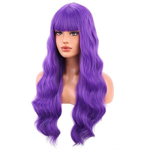 BERON Dark Purple Long Curly Wavy Wig with Bangs for Women Girls Purple Heat Resistant Synthetic Wig Cosplay Costume Party Daily Wigs