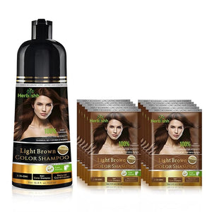 Herbishh Light Brown 3 in 1 Hair Dye Shampoo 500 ML + Travel Size Dye Shampoo pack of 10, 30 ML Each - Champu Para Canas Muje