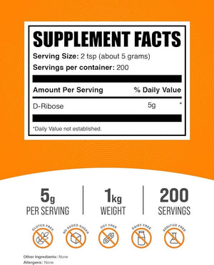 BulkSupplements.com D-Ribose Powder - D-Ribose Supplement, for Energy Support - Unflavored &amp; Gluten Free, 5g per Serving, 1kg (2.2 lbs) (Pack of 1)