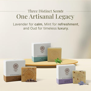 Masbanat Awaida Castile Olive Oil Bar Soap ? 3 Pack (Oud Mint &amp Lavender) ? Natural Moisturizing Handmade Soap for Body Face &amp Hands ? Pure Lebanese Cold-Pressed Since 1880