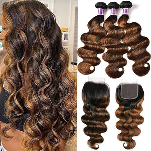UNICE Brown Highlight Body Wave Human Hair 3 Bundles with 4x4 lace closure Free Part Brazilian Remy Hair Ombre Human Hair Wavy Weaves FB30 Color 22 24 24+20 Closure