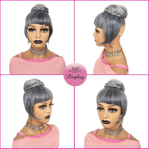 Grey Bun &amp Bang Updo Hair Bun with Bangs 2 Piece Set Synthetic Salt and Pepper Ponytail Hair Piece for Black Women