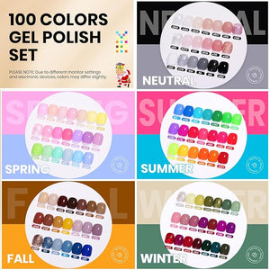 Beetles 110 PCS Gel Nail Polish Set, 100 Colors Infinite Inspiration Gift Spree All Season Red Brown Green Black Gel Polish with 5Pcs Base Top Coat Soak off UV Gel for Manicure Lovers DIY at Home