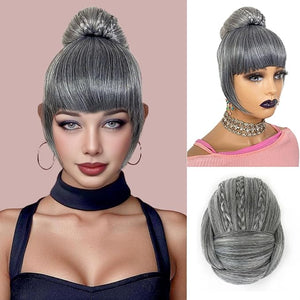 Quick Bun and Bangs 2 Piece Set - Grey Braided Bun N Bang for Black Women Synthetic Hair Puff Ponytail Updo Hair Piece