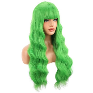 BERON Green Long Wigs Curly Wavy Women Wigs with Bangs Light Color Heat Resistant Synthetic Wigs for Cosplay or Daily Wigs Wig Cap Included