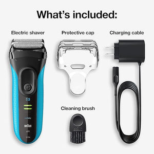 Braun Electric Series 3 Razor with Precision Trimmer, Rechargeable, Wet &amp; Dry Foil Shaver for Men, Blue/Black, 4 Piece