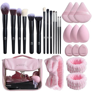 BS-MALL Makeup Brush Set with Waterproof Travel Bag &amp Makeup sponges -26 Pcs Set Triangle Puff &amp Face Washing PuffsFace Wash Headband Wristband for Travel Go Camping Gift &amp Makeup Beginne