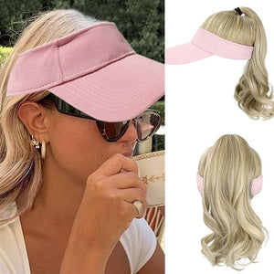Visor Hat Wig for Women Baseball Cap Wig with Curly Synthetic Hair Extensions Ponytail Cap Wig Sun Hat with Hair Wig