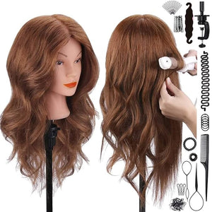 Mannequin Head with 100% Human Hair SZCY LLC 18 Dark Brown Real Hair Cosmetology Mannequin Head Hair Styling Hairdressing Practice Training Doll Heads with Clamp Holder and Tools