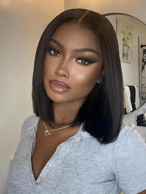 ISEE Hair M Cap 9x6 Bob Wig Human Hair Glueless Wigs Pre Plucked Pre Cut HD Lace Front Glueless Wigs Human Hair 180% Density Short Straight Bob Wigs for Black Women (Yaki Straight 16 Inch)