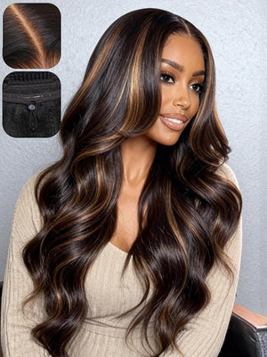 UNICE 13x4 Pre Everything HD Lace Front Wig Human Hair Yaki Loose Wave Glueless Drawstring Wig Dark Brown with Caramel Highlights Pre Plucked Pre Cut Bleached Knots 150% Density 18inch