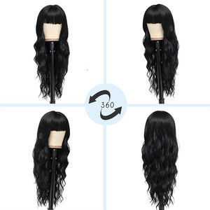 NAYOO Black Wigs with Bangs for Women Long Curly Wavy Hair Wigs Heat Resistant Synthetic Fiber Wigs for Daily Party Use 26 Inches (Black)