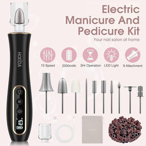 Electric Nail Drill Professional Manicure Pedicure Kit Cordless Electric Nail File Set Rechargeable Pedicure Tools for feet 10 Speeds Hand Foot Care Nail Drill for -360¡Æ LED Light Black