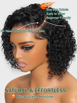 KLAIYI Curly Bob Wig Human Hair Bye Bye Knots Glueless Wig Pre Cut Lace Pre Bleached Pre Plucked 7x5 HD Lace Front 30S Ready to Wear Put On and Go Wigs for Black Women Water Wave Pixie Cut Wig 12Inch