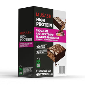 MUSASHI High Protein Bar 46g Protein 4g Total Sugars Rocky Road Post Workout and Protein Snack On The Go 12 Pack of 3.2oz (90g) Bars