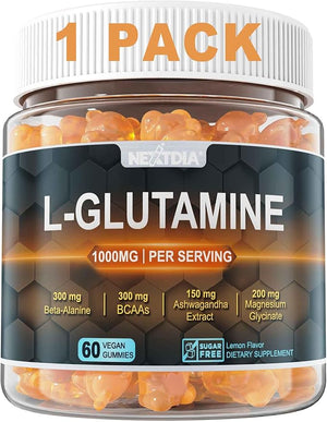 L-Glutamine 1000mg Gummies for Women &amp Men| with Beta-Alanine BCAAs Magnesium Glycinate Potassium &amp Ashwagandha | Vegan | Sugar-Free &amp Extra-Chewy | 60 Counts