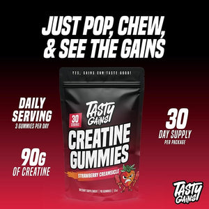 TASTY GAINS Creatine Gummies - 90g of Creatine Monohydrate - Workout Supplements - Build Muscle &amp Boost Strength for Men &amp Women - Made in USA - Non GMO - (Large Strawberry Creamsicle Flavor)