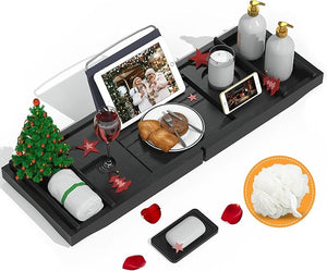 Domax Bathtub Caddy Tray Expandable Bamboo Tub Tray for Luxury Bath with Book Holder and Free Soap Dish Black