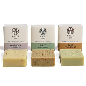 Masbanat Awaida Castile Olive Oil Bar Soap ? 3 Pack (Oud Mint &amp Lavender) ? Natural Moisturizing Handmade Soap for Body Face &amp Hands ? Pure Lebanese Cold-Pressed Since 1880