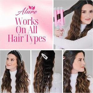 Alure Three Barrel Curling Iron Wand Hair Waver with LCD Temperature Display - 1 Inch Ceramic Tourmaline Triple Barrels Dual Voltage Crimp (White/Pink)